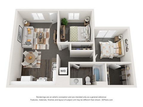 Floor plan for 2 beds, 1 bath, 746 sqft